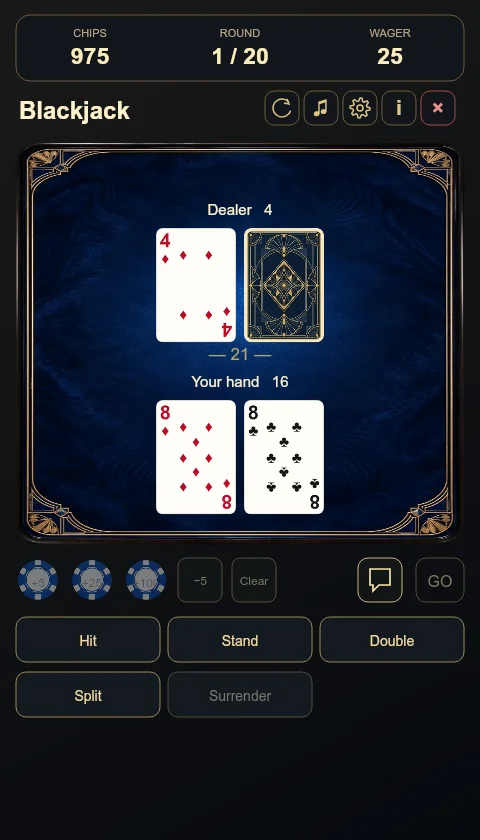Blackjack-Tisch mit Premium-Pokerkarten, Dealer- und Spielerhand