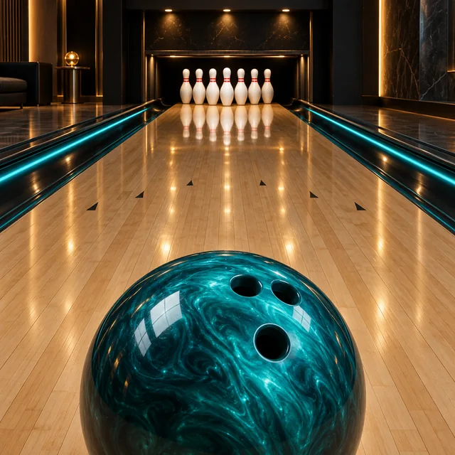 T&uuml;rkise Bowlingkugel auf einer stimmungsvoll beleuchteten Holzbahn