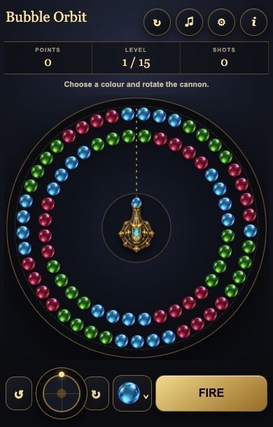Bubble Orbit game menu, statistics, orbit field and controls