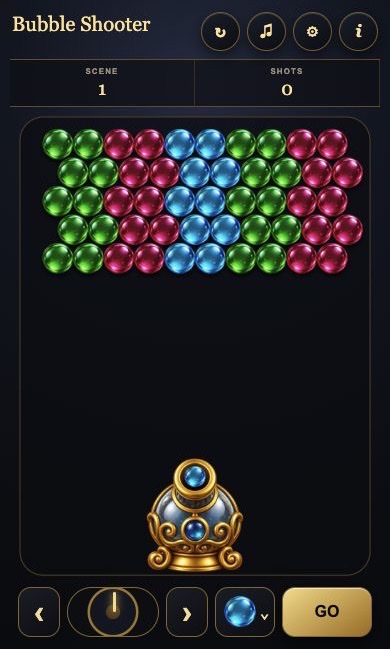 Bubble Shooter game menu, statistics, playing field and controls