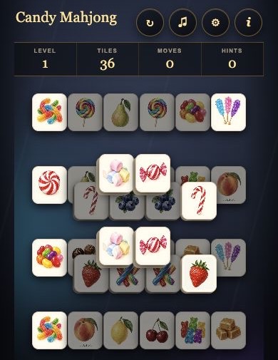 Candy Mahjong game menu, statistics and complete playing field
