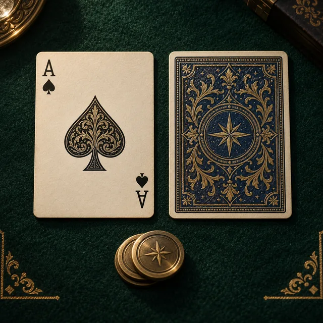 Two playing cards on a dark green Card Duel table