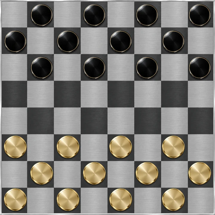 Checkers rendered game board with gold and obsidian pieces