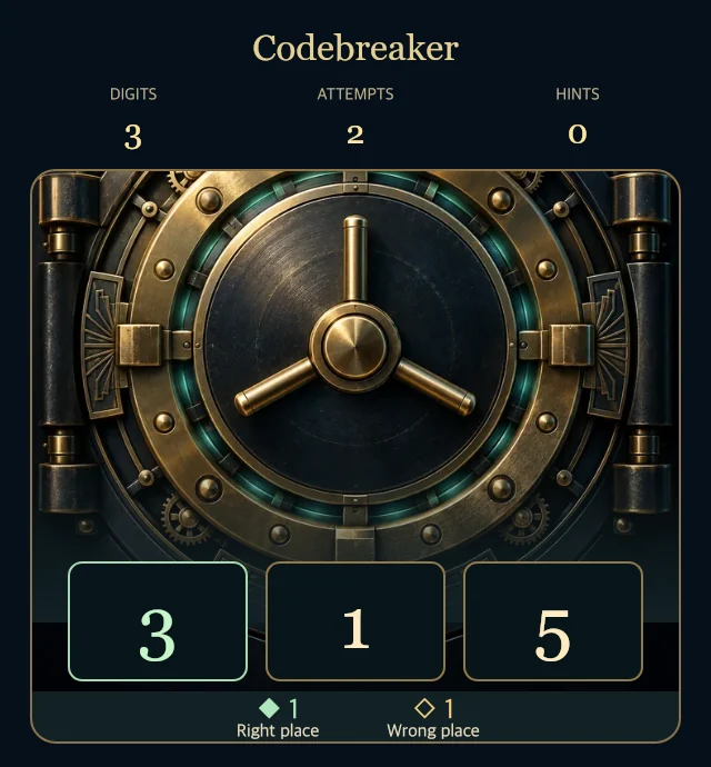 Codebreaker with a brass vault, number slots and labelled feedback