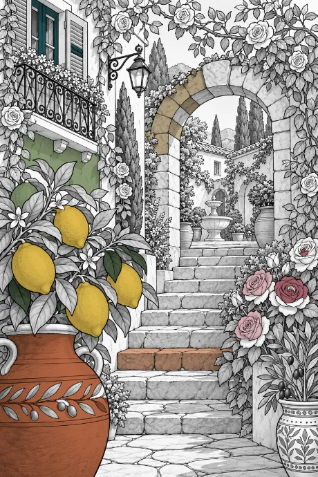 Secret Garden in Color Atelier, with colored lemons, foliage and roses and many uncolored areas.