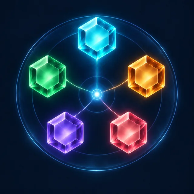 Five clear hexagonal crystals around a luminous resonance center