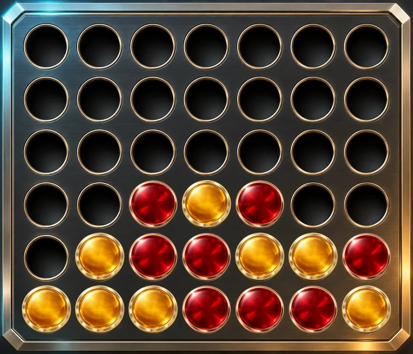 Vier gewinnt mit roten und goldenen Steinen in einer gerenderten Anthrazit-Tafel