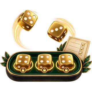 Golden Dice game header, statistics, five 3D dice and scorecard