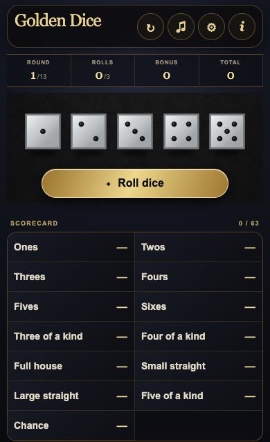 Golden Dice game menu, statistics, dice controls and scorecard