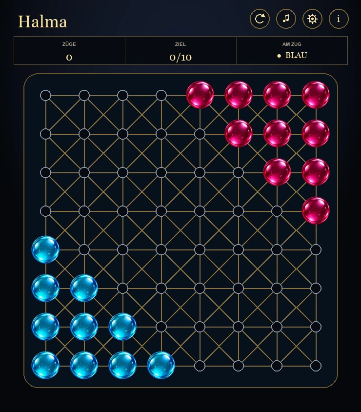 Halma game header, statistics and complete playing field