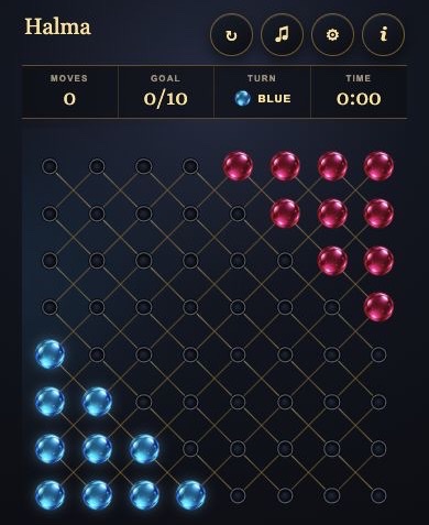 Halma game menu, statistics and complete playing field