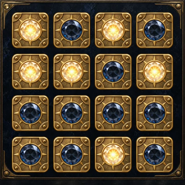 Lumen puzzle with glowing golden crystals and dark sapphire crystals