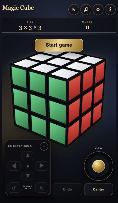 Magic Cube with guest player, game menu, statistics, three-dimensional cube and touch controls