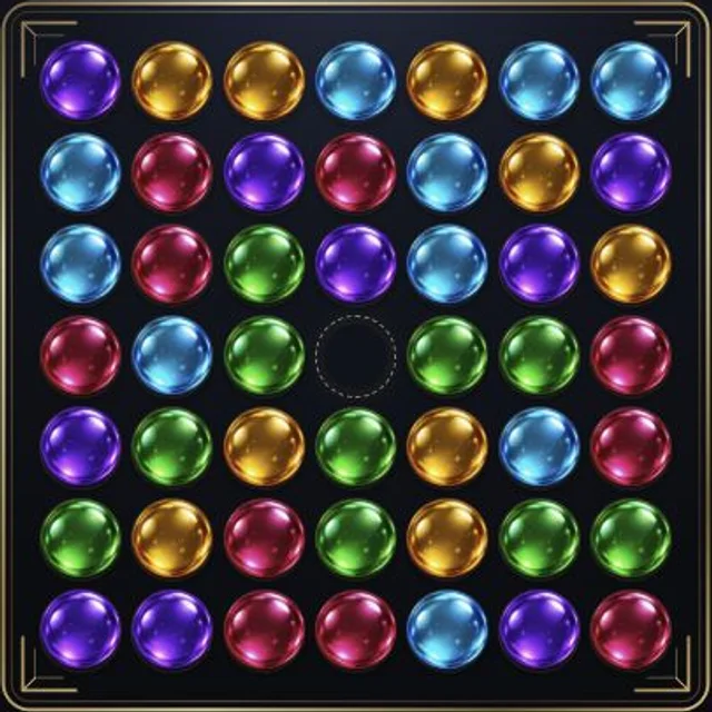48 colourful glass marbles on a transparent 7 &times; 7 board with an empty centre and delicate gold frame