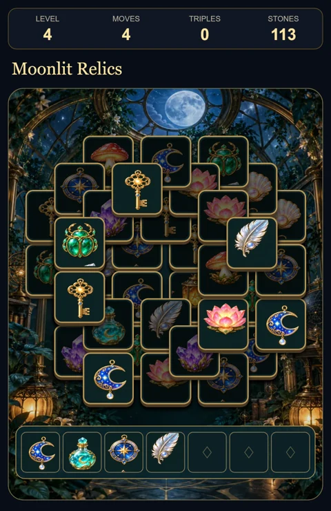 Moonlit Relics game with glowing treasures and a seven-space collection