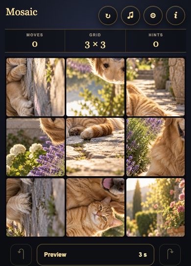 Mosaic game menu, statistics, complete puzzle and controls