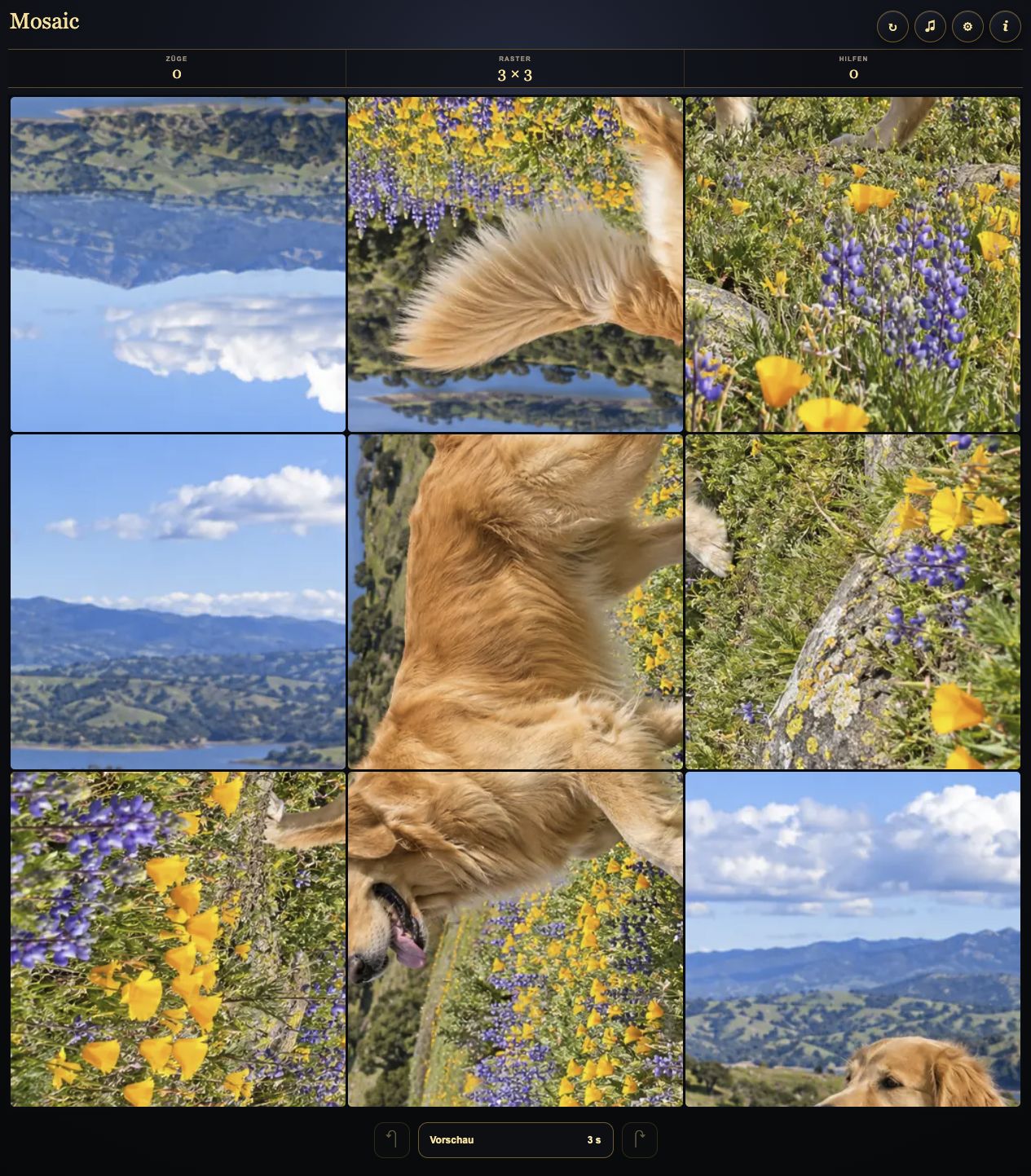 Mosaic-Spielansicht mit Menü, Statistik, Puzzle und Bedienelementen