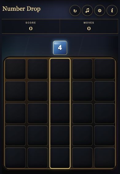 Number Drop game menu, statistics, next tile and playing field