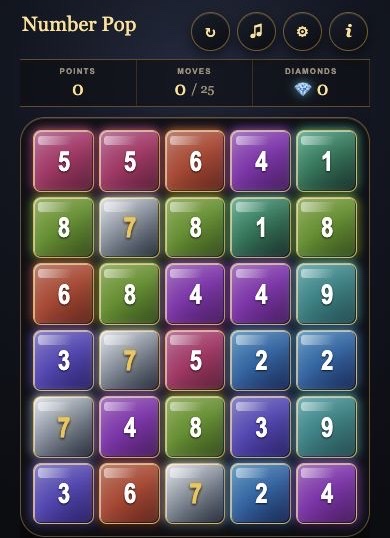 Number Pop game menu, statistics and complete playing field