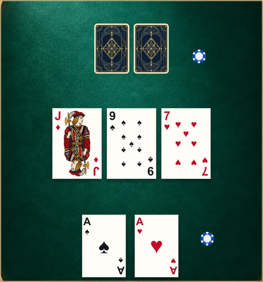 Pokertisch mit zwei eigenen Karten je Spieler, drei Gemeinschaftskarten und farbigen Setzchips