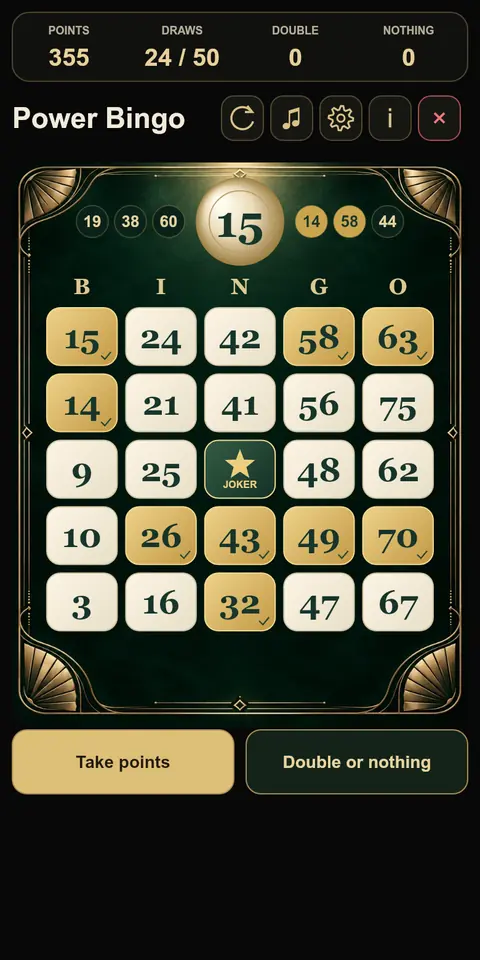 Smaragdgr&uuml;ne und goldene Power-Bingokarte mit gro&szlig;en markierten Zahlen und zwei Entscheidungsbuttons